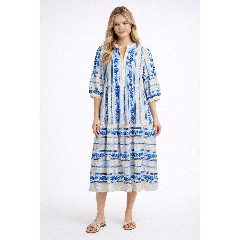 Figueroa + Flower Midi Dress sz‎ M lagen look Floral Stripe Tiered Boho
